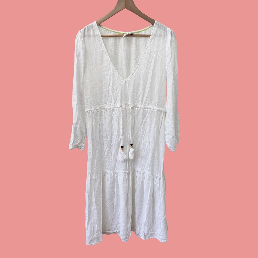Joie Tiered Dress M White Linen Blend V-Neck Tassel Drawstring Long Sleeve